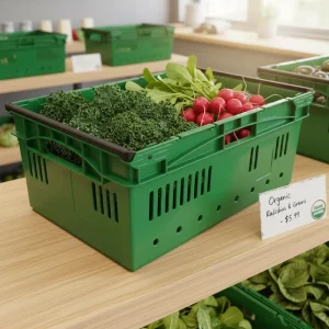 Brandable Nestable Plastic Produce Baskets Handle Storage Boxes Bins for Farm Stands Grocery Stores Promotional Events