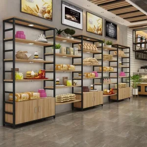 Bread Display Showcase Bakery Store Fixture Bread Display Rack Wooden Bread Display Shelf with LED Light