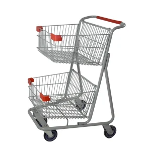Canadian Style Shopping Trolley Double Layers Design High Load Capacity Steel Frame Mesh Wire Structure 5″ TPR Smooth Casters