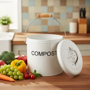 Carbon Steel Eco-Friendly Compost Storage Bucket with Rolling Cover for Kitchen Countertop Indoor Outdoor Use