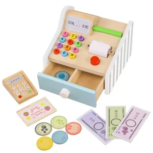 Children’s Role Play Wooden Supermarket Cashier Game Educational Cash Register Gift Toys for Boys and Girls