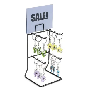 China Factory 2 Tiers Black Keychain Counter Rack Keyring Display Stand With Sign Holder 4.25 Hooks