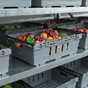 China Recyclable Eco Friendly Mesh Plastic Crate Fruit Vegetable Storage Boxes Handles Stackable Nestable Agriculture Retail