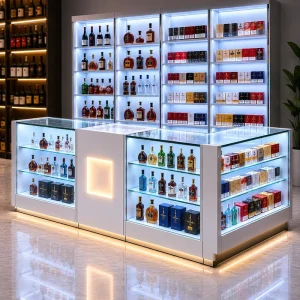 Cigarette Kiosk Counter Glass Wall Cabinet, Pharmacy Dispensary Design, Tobacco Display Showcase with LED Lights