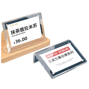 Clear Acrylic Sign Holder With Magnetic Wood Base T Shape Menu Stand for Restaurant Table Price Tag Display