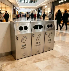 Clear Labeling Triple Compartment Stainless Steel Indoor Waste Bin 3-Stream Recycling Station for Shopping Mall Decor
