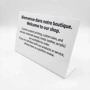 Clear White Acrylic Desk Sign Board Custom Printing Logo Size Countertop Display Holder for Shop Welcoming and Feedback