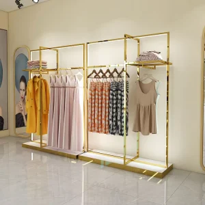 Clothes Store Design Window Showcase Fixture Display Stand Rack Rose Gold Floor Standing Display Unit Clothing Store LED Light