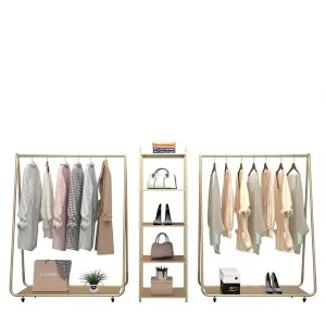 Clothing Store Combination Rack Floor Standing Hanging Display with Mobile Wheels for Shoes and Clothes Shelf Island Design