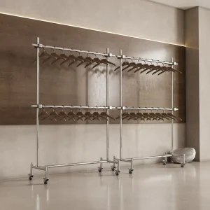 Clothing Store Display Rack Floor standing Stainless Steel 2 Shelves Mobile Wheels Adjustable Island Rack 170CM Shelf Height