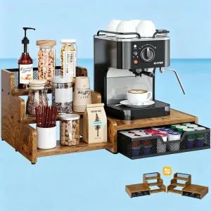 Coffee Station Organizer with K Cup Holder 28 Pod Capacity 3 Tier Syrup Rack with Coffee Pod Holder Drawer