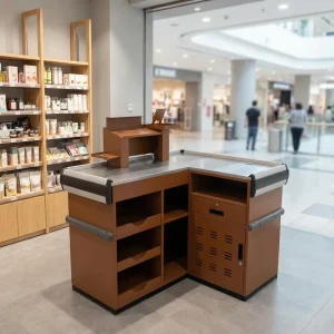 Commercial Checkout Counter Metal Cashier Desk Powder Coated Finish Modern Design for Supermarket Convenience Store