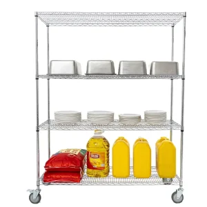 Commercial Grade 4 Tier Chrome Wire Shelving System Steel Heavy Duty Mobile Storage Rack With Wheels For Restaurant & Warehouse