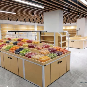 Commercial Grade Heavy Duty Double Sided Steel Wood Tiered Fruit & Produce Display Rack for Fresh Market