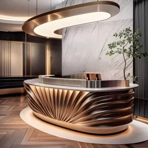 Commercial Reception Counter Stand LED Lighting Eco Friendly Durable Heavy Duty Design Glass Back Customizable Dimensions