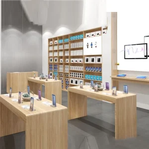 Commercial Wood Mobile Phone Display Counter Cellphone Store Fixtures Modern LED Lighting for Shop Interior Design