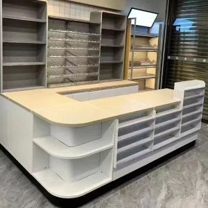 Commercial Wood and Steel Checkout Counters Heavy Duty Retail Cashier Counter Desk for Supermarket Convenience Store Grocery Shop
