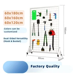 Compact 60cm Mini Grid Panel Display Stand with Wheels Countertop Wire Mesh Rack for Small Shop Kiosk Home Storage Organization