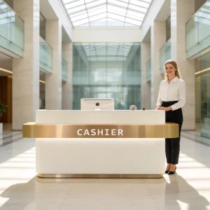 Contemporary White Gold Cashier Counter with Lockable Wheels for Lobby Store Beauty Salon Office Use Reception Desk
