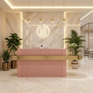 Contract Grade Modern Eco Friendly Durable Anti Rust Pink Slatted Solid Wood MDF Cashier Register Reception Desk Gold Counter
