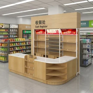 Convenience Store Checkout Counter With Back Display Rack Light Box Multi Layer Side Shelf Cash Register Showcase Fixture
