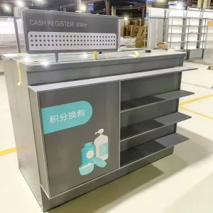 Cosmetic Shop Counter Design Multi Function Heavy Duty Adjustable Height Grey Freestanding Retail Checkout Cash Register Shelves