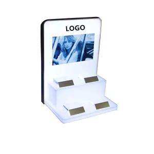 Custom Acrylic Cosmetics Display Stand with LCD & LED for Perfume 2-Layer Durable Perspex Makeup Display Shelf