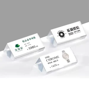 Custom Clear Mini Slanted Table Acrylic Eco Friendly Portable Jewellery Price Tag Sign Holder Stand for Shopping Malls