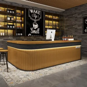 Custom Coffee Bar Cabinet Wooden Commercial Round Bar Cocktail Station Design Corner Counter for Restaurant Bar Milk Tea Shop