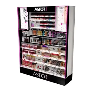 Custom Cosmetic Display Shelf Makeup Store Fixture Metal Retail Cabinet Led Light Beauty Display Stand