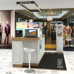 Custom Cosmetic Island Counter with LED Overhead Sign Modular Kiosk Furniture for Shopping Mall Perfume Fragrance Brand Store