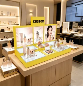Custom Countertop Acrylic Beauty Skincare Display Rack Cosmetics Displays Gold LED Lighted Perfume Display Stands