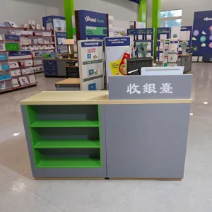 Custom Design Premium Wooden Checkout Counter Multi functional Display Shelf 110CM Height 120CM Width 60CM Depth 3 Compartments