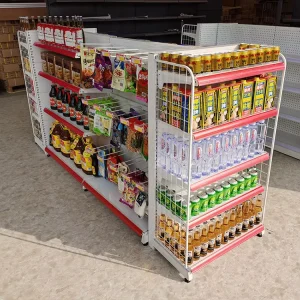 Custom Double Sided Metallic Heavy Duty Pre Assembled Gondola Shelving Retail Display Storage Racks for Supermarket Commercial