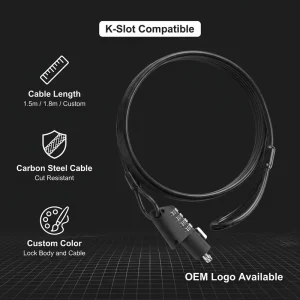 Custom Durable K Slot Laptop Password Cable Lock Carbon Steel Cut Resistant OEM Logo Color Custom Length 1.8m Factory