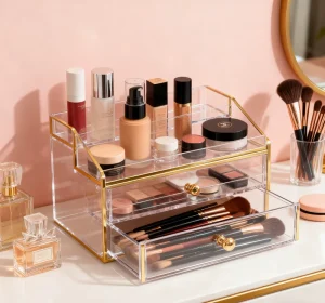 Custom Factory Eco Friendly Acrylic Classic Transparent Display Rack Beveled Edges Easy Assembly for Cosmetics Retail Storage