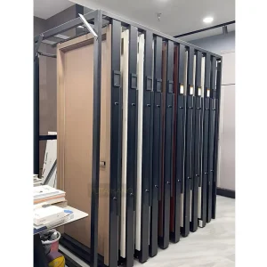 Custom Factory Made Sliding Display Rack for Showroom Solid Wood Door Window Display Stand with Metal Frame