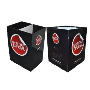 Custom Foldable Eco Friendly Cardboard Square Dump Display Bin with Dividers for Retail Sports Bras Leggings Corrugated Paper