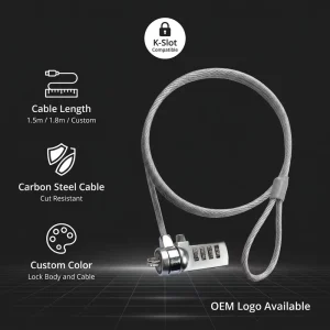 Custom Laptop Security Anti-Theft Cable Lock 4-Digit Resettable Combination Lock Carbon Steel 1.8m Zinc Plated OEM Logo Color