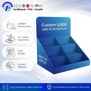 Custom Logo Blue Corrugated Cardboard PDQ Counter Top Display Box 3 Tier Step Retail Display Rack for Promotion