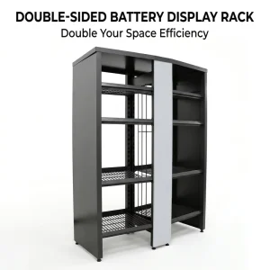 Custom Logo Double Sided Battery Display Rack Heavy Duty Steel Wire Mesh Shelf for Auto Parts Battery Retail Shop