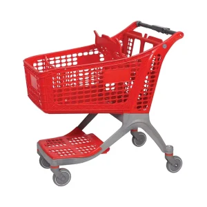Custom Logo Plastic Shopping Trolley for Supermarket with Kids Seat Dual Layer 360° Swivel Wheels OEM