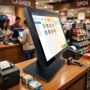 Custom Logo TW15004 R 15 Inch Spill Resistant POS Touch Screen Monitor VGA HD Inputs TMB03 Stand for Checkout Counters