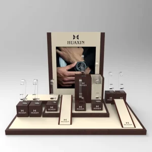 Custom Logo Watch Retail Display MDF Transparent Acrylic Matte Lacquered Wooden Stand C Ring