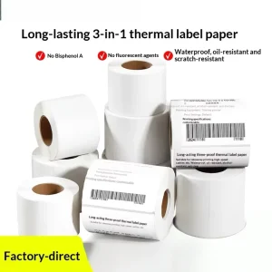 Custom Long Lasting Three Proof Thermal Paper Waterproof Oil Proof Adhesive Die Cut Rectangle Label Blank Barcode Printing
