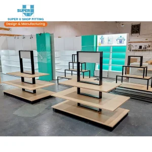 Custom Metal Wooden Gondola Shelving Double sided Supermarket Shelves Supermarket Advertising Shelf Display With Led