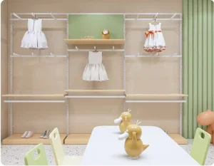 Custom Modern Eco-friendly Iron 5-layer Tiered Wall Mounted Powder Coated Infant Clothing Store Fixtures Baby Shop Display Rack