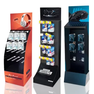 Custom Modern Foldable Hanging Floor Hook Display Rack Corrugated Cardboard Stand for Electronic Accessories Store Use