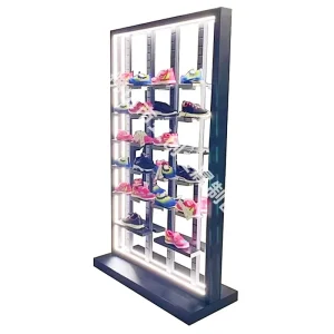 Custom Modern Metal Floor Standing Running Casual Shoe Accessories Display Rack with LED Strip Light for Retail Shops