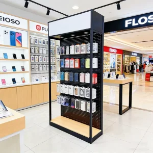 Custom Modern Store Metal Hook Pegboard Panel Display Rack Stand Retail Phone Case Charger Accessories Floor Standing Powder